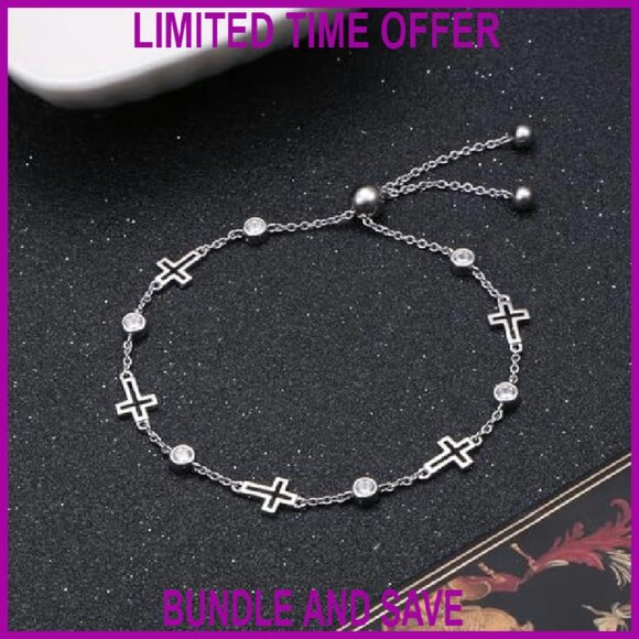 Sterling Silver Adjustable Cross Bracelet with Zirconia Stones - Picture 3 of 8